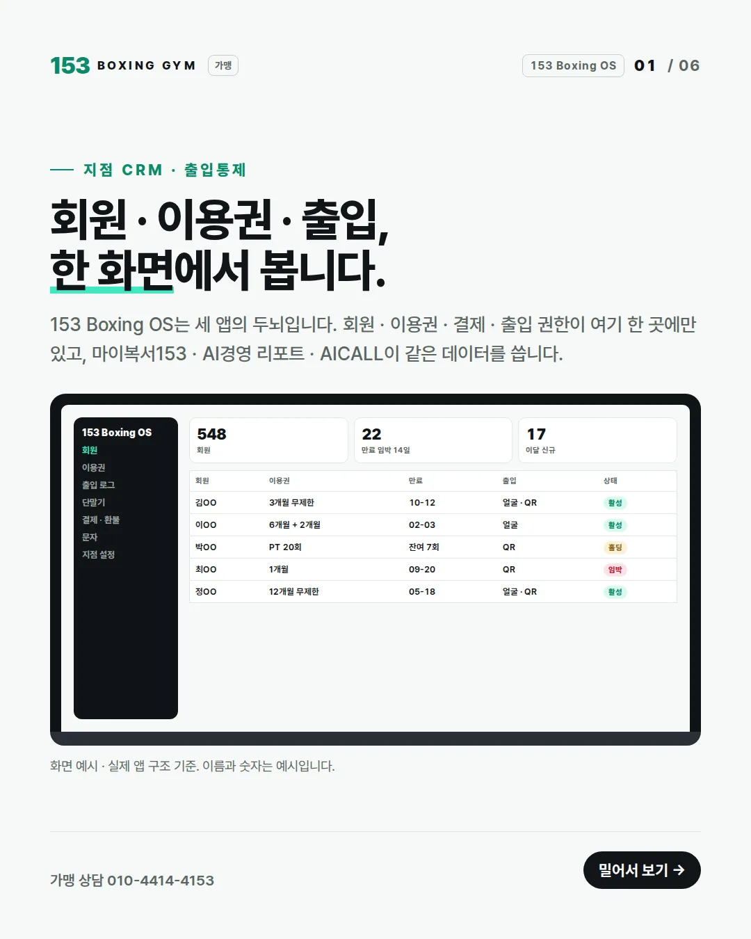 1/6 표지 — 153 Boxing OS, 회원 · 이용권 · 출입을 한 화면에서 봅니다