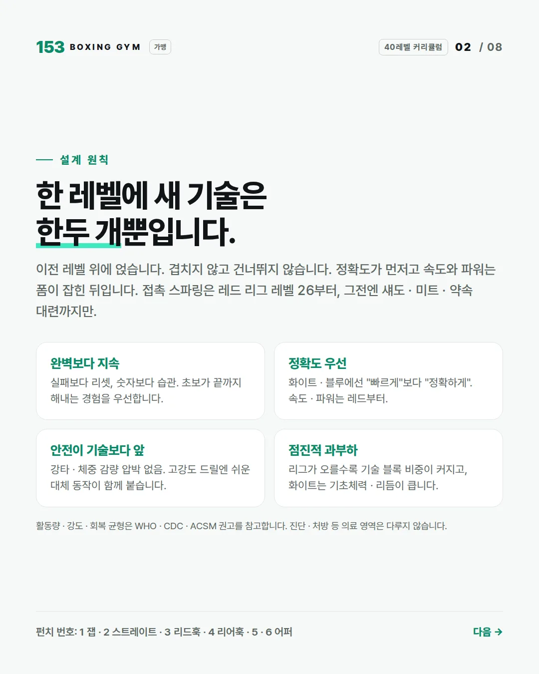 2/8 설계 원칙 — 한 레벨에 새 기술은 한두 개, 완벽보다 지속, 정확도 우선, 안전이 기술보다 앞, 점진적 과부하