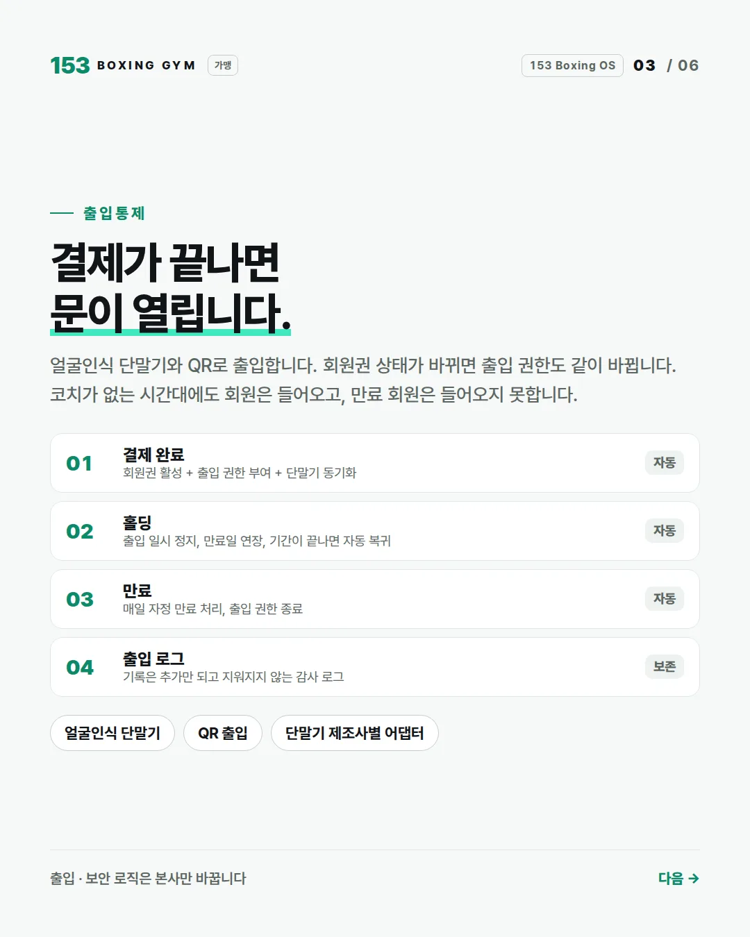 3/6 출입통제 — 결제 완료 → 출입 권한, 홀딩 → 정지 · 자동 복귀, 만료 → 종료, 출입 로그 보존
