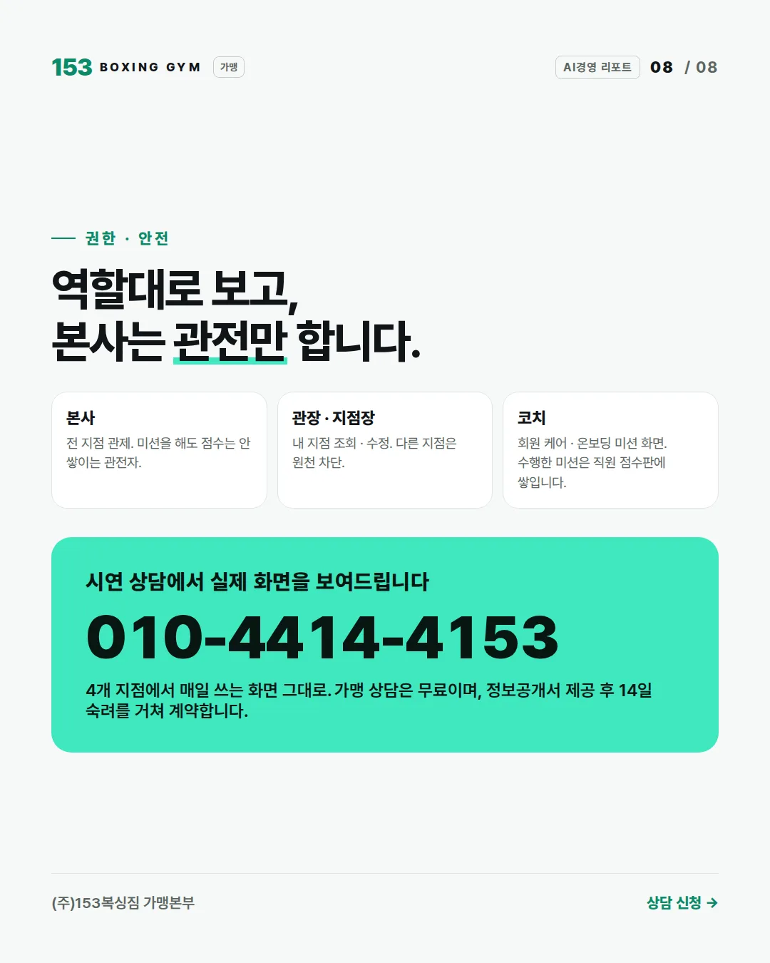 8/8 권한 · 안전 — 본사 · 관장 · 코치 역할별 화면, 본사는 관전만 합니다. 시연 상담 010-4414-4153